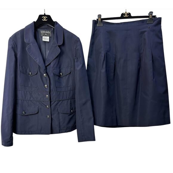 Chanel Vintage 2007 Blue Silk Logo Jacket Skirt Suit Set Sz.44 - Picture 1 of 9